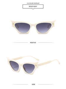 Detailed views of beige cat-eye sunglasses with purple gradient lenses in various angles