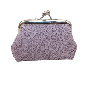 Elegant light purple lace coin purse with vintage metal kiss-lock closure and floral pattern