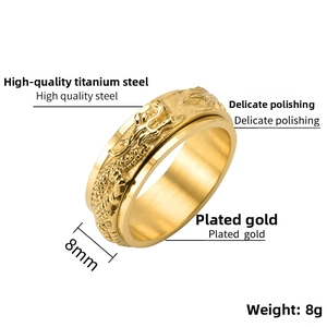 Detail of 8mm rotating stainless steel gold ring with embossed dragon pattern texture