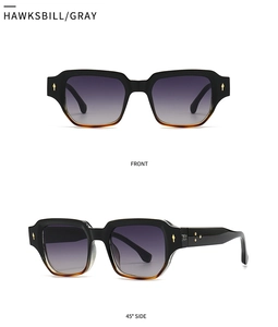 Front and side view of square hawksbill sunglasses with gray gradient lenses