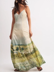 Elegant spaghetti strap long dress with artistic pastoral landscape oil painting print