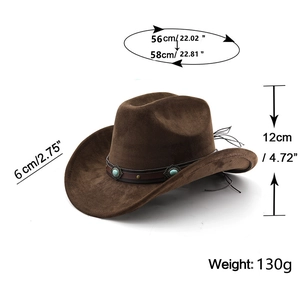 Spécifications de taille pour chapeau de cowboy marron foncé avec boucle de style ethnique