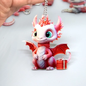 Cute red Christmas baby dragon acrylic pendant with gift box and metal bead chain
