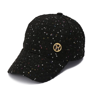 Chic black tweed baseball cap with colorful sequins and a rhinestone R logo emblem