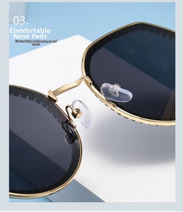 Detail of adjustable silicone nose pads on gold metal frame sunglasses for comfort