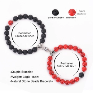 Lava stone and red turquoise magnetic couple bracelets with 8mm natural stone beads