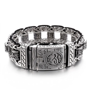 Vintage Punk Dragon Bone Chain Men Bracelet With 316L Stainless Steel And Cowhide Leather Mantra Carving Skull Detail
