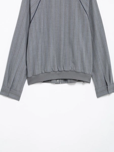 Detail of grey striped jacket featuring ribbed hem, zipper closure, and button accents