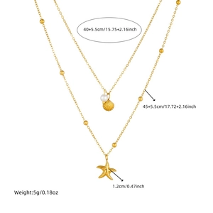 Double layer gold-plated stainless steel necklace with shell and starfish charms