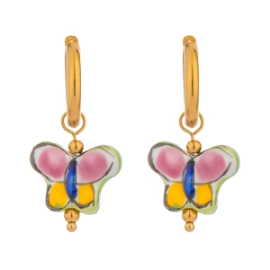 Macro detail of golden earrings with colorful hand-painted butterfly charms on white background
