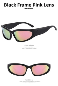 Detail view of steampunk sports sunglasses with black frames and pink gradient lenses