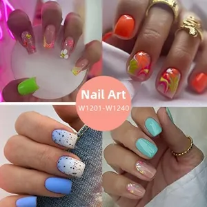 Detailed grid of press-on nails with daisy, orange texture, blue gradient, and mint glitter