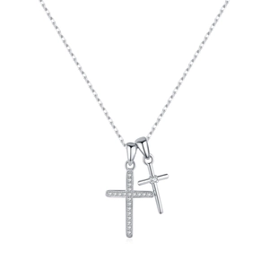 Collier double croix en argent sterling S925 avec zircons scintillants pour femme élégante
