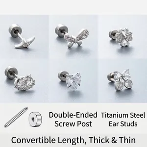 Zircon Ear Bone Stud Earrings Titanium Steel Screw Back Heart Butterfly Clover Planet Shapes For Women Piercing Jewelry