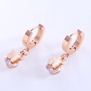 Rose gold stainless steel butterfly hoop earrings with frosted texture and round zircon drops