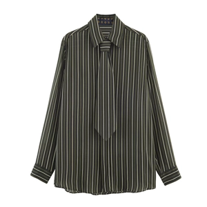 Women Long Sleeve Vertical Striped Shirt And Matching Tie Elegant Button Down Polyester Blouse Fashionable Tops