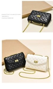 Detail of quilted chain crossbody bags featuring gold-tone hardware and classic textures