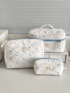 Quilted Cotton Makeup Bag With Bow Knot Print Blue Zipper Portable Large Capacity Cosmetic Pouch Sweet Travel Organizer