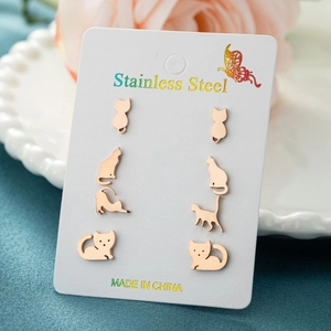Set of 4 pairs of rose gold stainless steel cat stud earrings in various poses