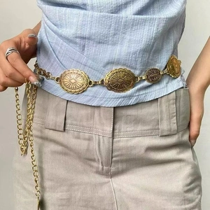 Vintage Metall Taillenkette Gürtel Legierung Geometrische Oval Sonnenstrahl Geschnitzte Relief Böhmischen Y2K Körperschmuck
