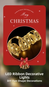 Detail of warm LED lights embedded in a gold patterned ribbon for Christmas decoration