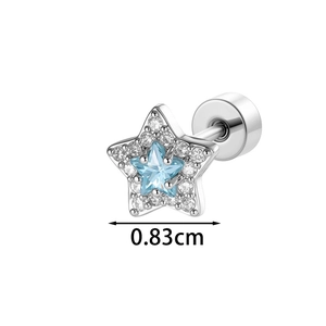 Micro-set cubic zirconia star stud earring with sea blue center stone in silver metal