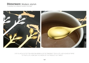 Macro detail of creative leaf-shaped stainless steel spoons in gold and silver finish