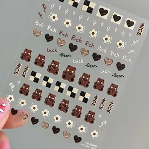5D embossed nail art stickers featuring cute cartoon bear and retro floral patterns