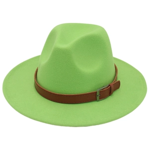 Detail of neon green fedora hat featuring a brown leather band with silver metal buckle