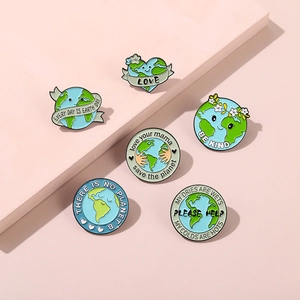 Set of 6 eco-friendly Earth Day enamel pins with heart and plant designs on pink background