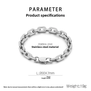 Macro detail of 7mm stainless steel rectangle link chain with dimensions and lobster clasp