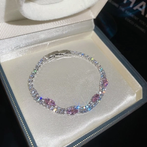 Luxury 18k gold plated double layer zircon bracelet with pink marquise stones in gift box.