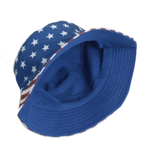 Double-sided sun bucket hat featuring US flag stars and stripes design on canvas fabric