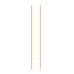 Detailed view of long gold tassel earrings with square cubic zirconia and S925 silver needles