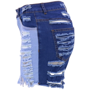 High waist two-tone distressed denim shorts with raw hem and ripped details