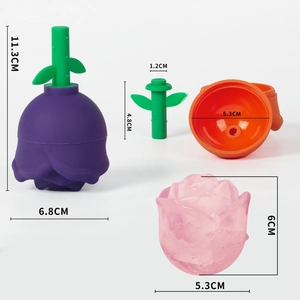 Silicone rose flower ice mold for whiskey with dimensional measurements and pink ice rose