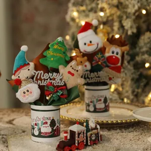 Christmas plush toy bouquet featuring Santa, snowman, and reindeer in a festive gift bucket