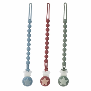 Food-grade silicone pacifier clips in blue, red, and green with star safety clips