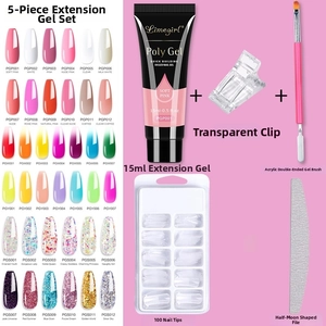 Detailed set of 15ml pink poly gel, 100 nail tips, dual brush, clip and nail file