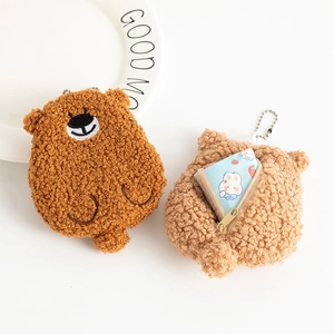 Kawaii Cartoon Bear Plush Mini Coin Purse With Metal Bead Chain Embroidery Teddy Velvet Small Storage Bag For Girls Women