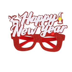 Sparkly red Happy New Year decorative glasses with reindeer antlers and glitter finish