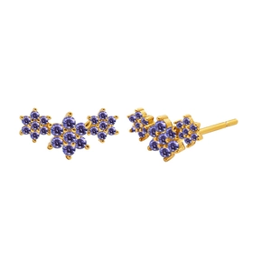 Detail view of gold earrings featuring purple floral zircons and S925 silver needles