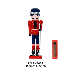 36cm walnut wood hockey player nutcracker ornament in red and blue uniform