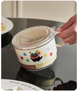 Detail of four-compartment seasoning box with cat pattern and portable handle