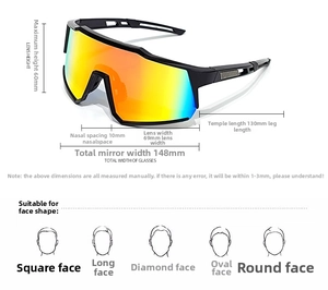 Detailed size chart for oversized sports cycling sunglasses with frame dimensions