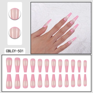 French tip coffin fake nails in pink and nude, 24 pieces set with long length design