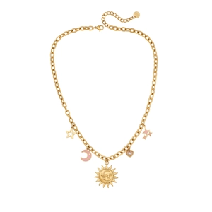 Gold chunky necklace featuring sun, moon, stars, and heart charms in vintage style