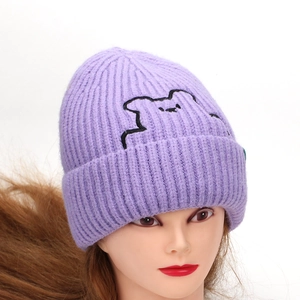 Purple ribbed knit beanie with bear embroidery and cuffed design for winter warmth