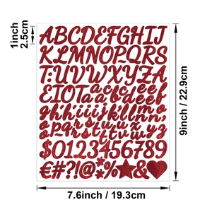 Macro view of 1-inch red glitter alphabet stickers with detailed size measurements