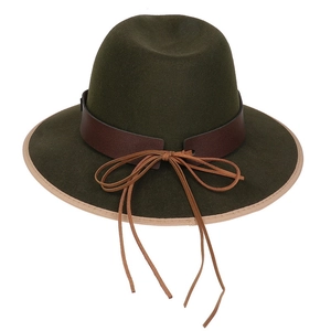 Detailed top view of dark green fedora with brown leather band and bow decoration